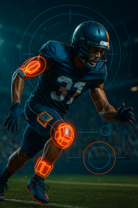 Football player with glowing digital armor overlays showing joint durability and tactical performance training